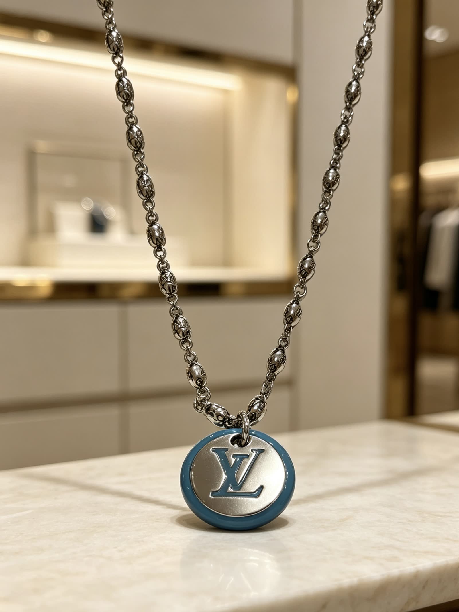 Louis Vuitton Silver and Blue Logo Pendant Necklace